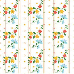 Bright illustration, striped wallpaper, blue, yellow, pink, flat. Seamless vector pattern, white background