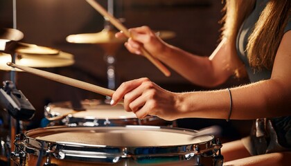 Fototapeta premium A close up view of a drummer's hand playing the drum set; a drummer playing the drum with drumsticks; a musician playing the drums; up and close of the hands of the drummer playing the set; musical
