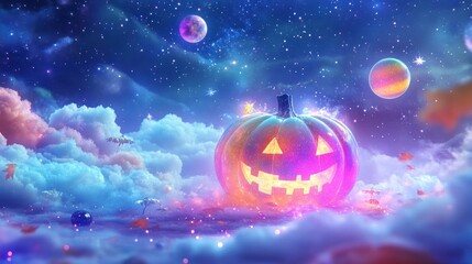 Fototapeta premium A whimsical Halloween scene featuring a glowing pumpkin in a cosmic landscape.