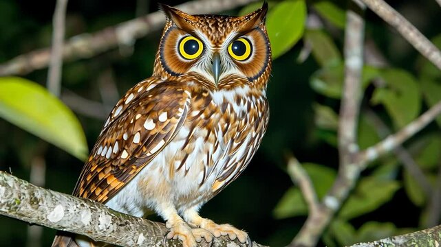 A beautiful, small owl with brown and white speckled feathers is perched on a tree branch