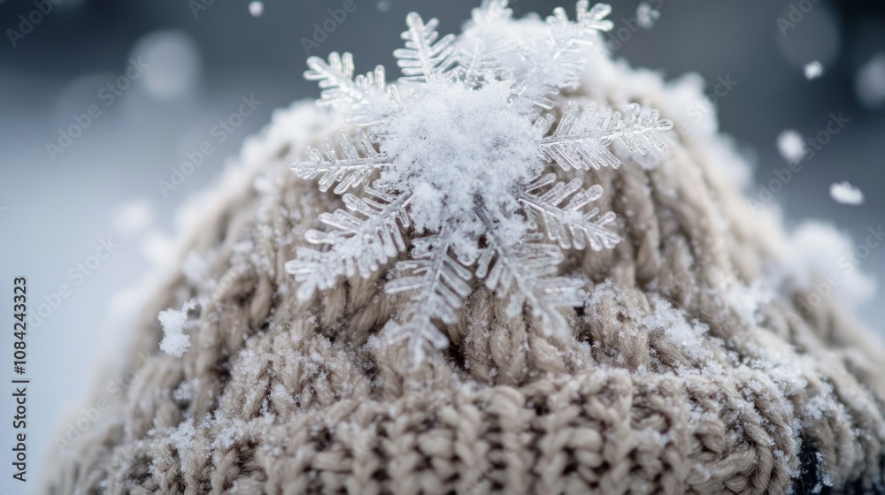 Poster Close-up of a Delicate Snowflake Resting on a Knitted Hat