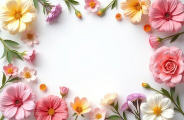 Obraz premium lots of colorful flowers on a white background around with free space for text, flower frame