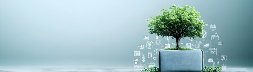 Obraz premium Tree growing out of a briefcase with business icons and copy space concept as A soft abstract image depicts a tree growing out of a briefcase surrounded by business icons symbolizing integrating susta