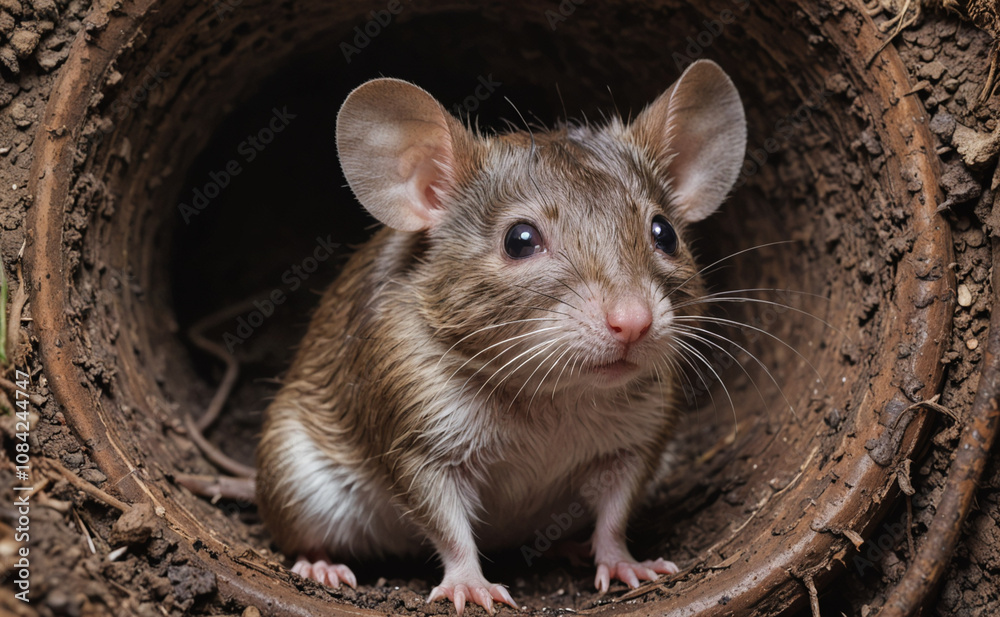 Poster small brown mouse is standing in a hole. it has a black nose and is looking at the camera