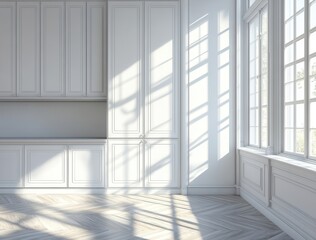Obraz premium Minimalist white cabinet interior design, Scandinavian style with a herringbone parquet floor