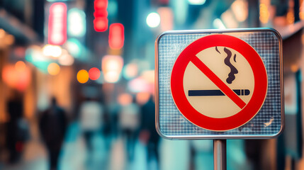 No smoking sign on transparent wall blurred people on background .