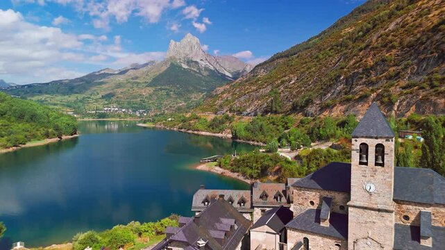 Aerial view of Lanuza village in the Tena Valley, Huesca province, Spain.