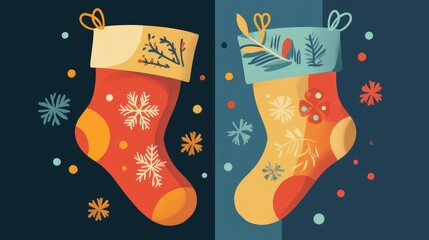Holiday stockings flat design side view cozy vibes cartoon drawing Split-complementary color scheme 