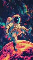 Naklejka premium An astronaut floats gracefully above a vividly colored planet, surrounded by a stunning cosmic backdrop filled with stars and nebulous clouds. The exploration evokes a sense of wonder and adventure.
