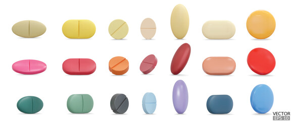Set of 3d realistic Colorful pills isolated on white background. Medical Pill, Capsule, Tablet, medicine drug Collection. 3D vector illustration.