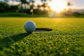 Golf ball on the putting green, close up view with the hole in focus, bathed in warm sunlight during sunset, creating a serene and captivating atmosphere for golf enthusiasts