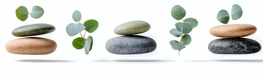Fototapeta premium Levitating massage stones with floating eucalyptus leaves isolated on white background. concept as Levitating smooth massage stones paired with floating eucalyptus leaves representing therapy and natu