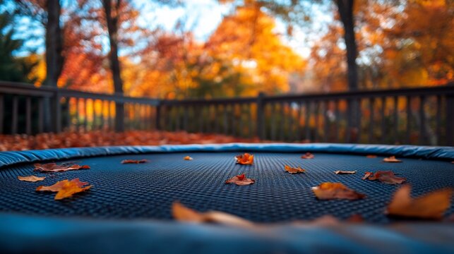 Autumn leaves on a trampoline in a backyard.