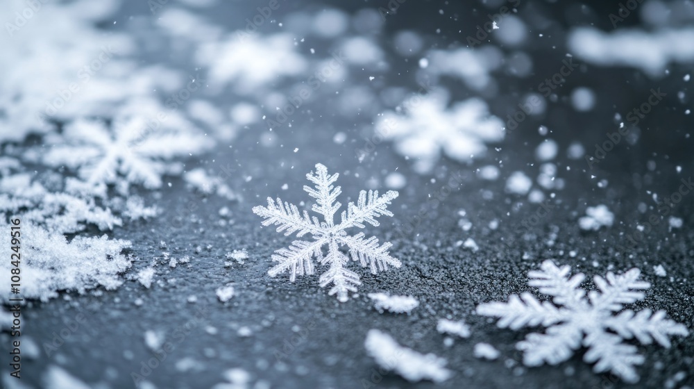 Poster A Single Snowflake Resting on a Dark Surface with Falling Snow