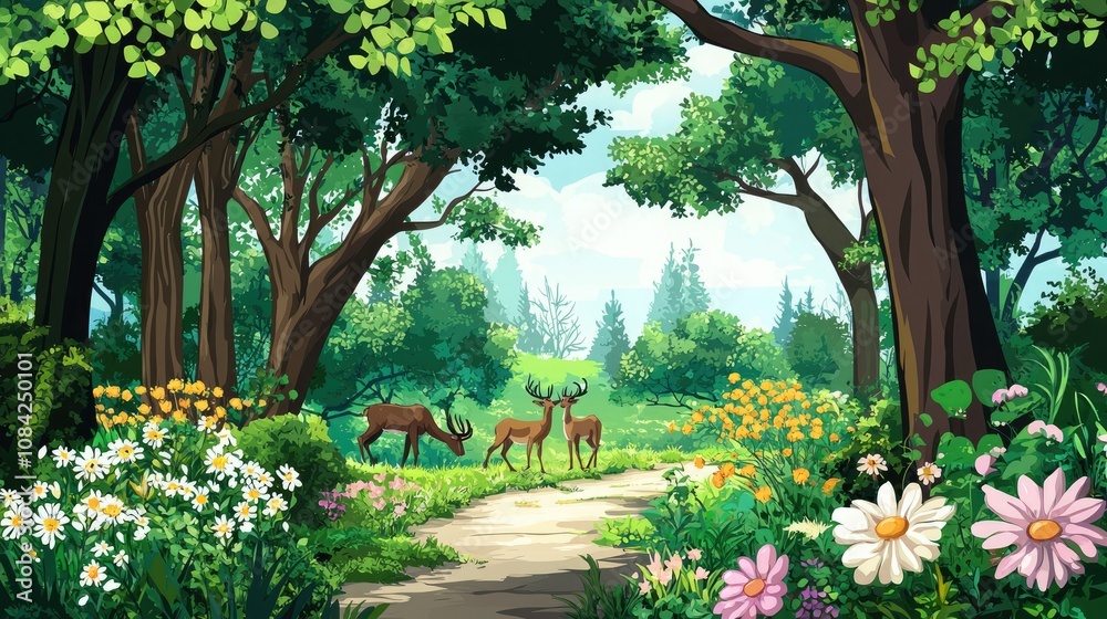 Poster a serene landscape with animals crossing a trail through the forest, with trees and flowers surround