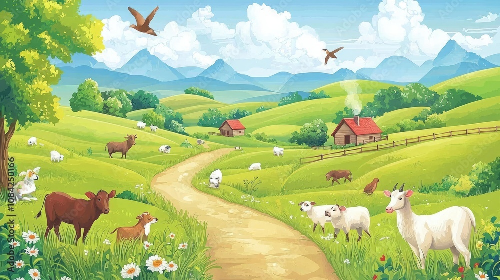 Poster a scene of animals crossing a meadow path, with rolling hills and cottages in the background.
