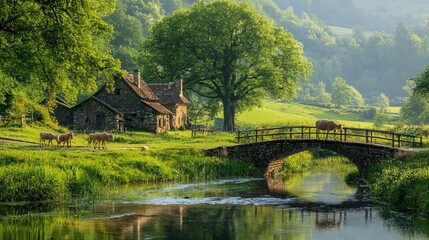 A peaceful village scene with animals walking across a bridge over a river, set in a lush green landscape. 