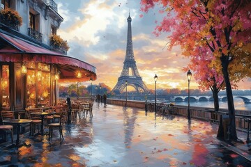 Romantic Paris Autumn Scene - Rainy Evening at Eiffel Tower Cafe with Fall Foliage and Golden Sunset Cityscape Painting
