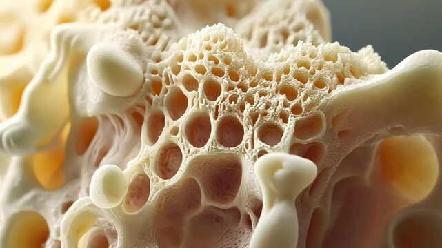 The image is a magnified view of bone structure, showcasing the complex network of interconnected cavities and porous sections