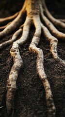 Close-up of tree roots emerging from the soil, showcasing natural textures and patterns.