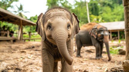 Naklejka premium A baby elephant standing next to its mother in a wildlife reserve, with a joyful look on its face. 