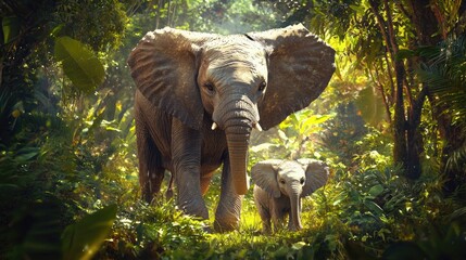 Fototapeta premium A baby elephant standing next to its mother in a wildlife reserve, with a joyful look on its face. 