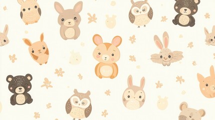 Obraz premium A cute animal pattern with baby animals, such as rabbits, bears, and owls, on a neutral background. 