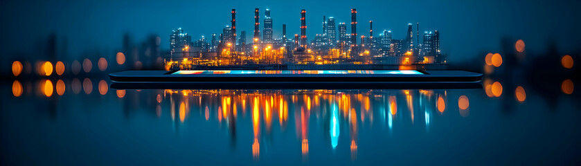 Obraz premium Factory skyline reflected in tablet screen and copy space concept as Glossy image of a factory skyline reflected on a tablet screen symbolizing mobile technologys role in manufacturings digital transf