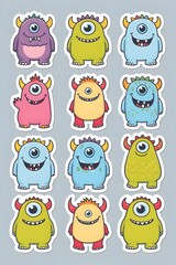 Obraz premium A Collection of Twelve Adorable One-Eyed Cartoon Monsters: Playful Designs for Kids' Stickers, Prints, or Digital Art