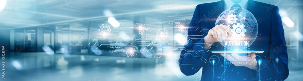 Poster man using tablet with automation, data analysis, business intelligence, cloud computing, digital tra