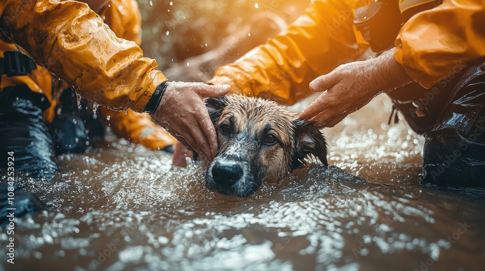 Poster A team of rescuers saving a stranded dog from a flood, with caring hands reaching out. 