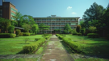 Fototapeta premium Brick Building with Green Lawn and Pathway