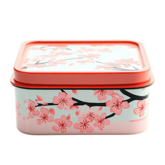 Decorative tin box featuring beautiful cherry blossom design on a light background., isolated on a transparent background.