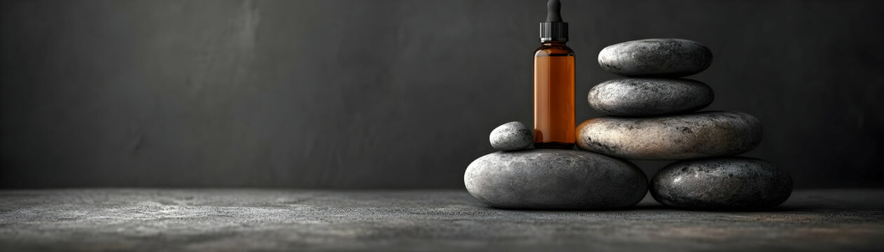 Plain background with massage oils and stones arranged neatly copy space above. concept as Clean plain background showcasing massage oils and smooth stones arranged neatly representing therapy and rej