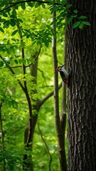 Lush forest with vibrant green foliage, woodpecker perched on textured tree trunk, forest, nature, wildlife