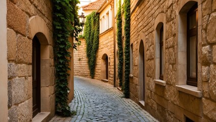 Obraz premium Tranquil Stone Alleyway Surrounded by Historic Czech Buildings with Lush Greenery and Cobblestone Path in a Picturesque Setting