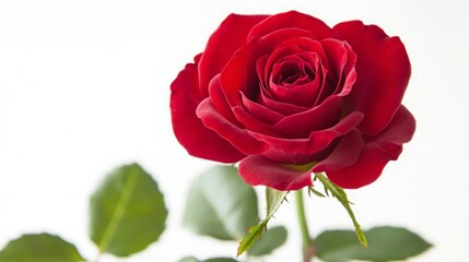 Fototapeta premium Detailed image of a red rose in full bloom, featuring a short stem and several green leaves, set against a crisp white background