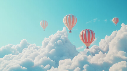 Fototapeta premium Colorful hot air balloons soaring high above fluffy clouds on a clear blue sky day