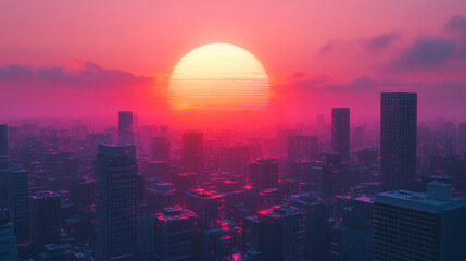 Fototapeta premium Colorful sunset over a bustling city skyline with tall buildings and vibrant hues in the evening sky