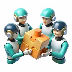 Futuristic portrait of team members solving a puzzle with digital overlays symbolizing forward thinking collaboration copy space on bottom. concept as Futuristic portrait of team members solving a puz