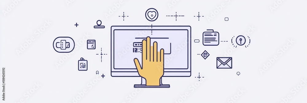 Aufkleber A hand icon stretches out towards a computer screen filled with various security and settings symbols, highlighting digital interaction. Generative AI