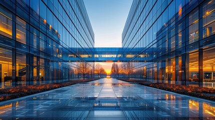 Obraz premium Modern Glass Architecture with Sunset View