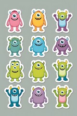 A Collection of Twelve Adorable One-Eyed Cartoon Monsters:  Vibrant Colors, Playful Poses, and Cheerful Expressions, Perfect for Kids' Stickers, Printables, or Digital Designs
