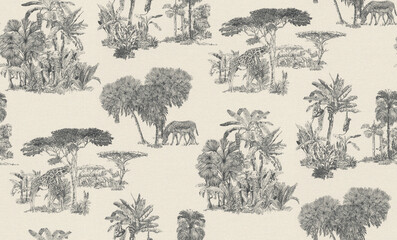 Obraz premium toile de jouy seamless pattern for digital printing, palm tree pattern, seamless decor pattern for wallpaper, abstract black and white wallpaper, jungle pattern