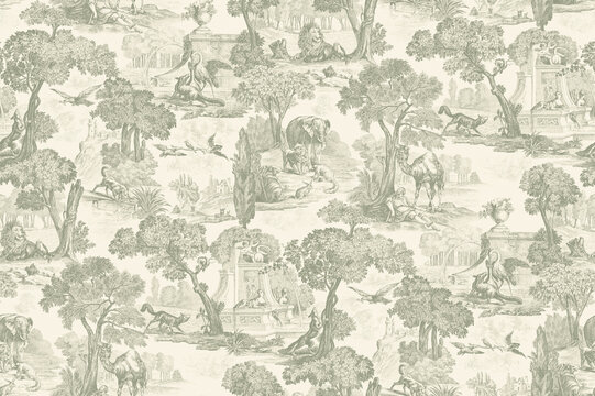 toile de jouy seamless pattern for digital printing, palm tree pattern, seamless decor pattern for wallpaper, abstract black and white wallpaper, jungle pattern