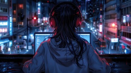 Obraz premium A young person coding in the office in front of a laptop, looking down onto the city at night, illustration, anime style, comic style, minimalistic color palette