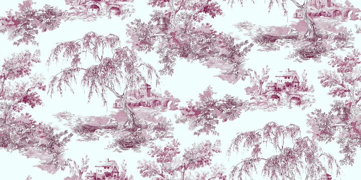 toile de jouy seamless pattern for digital printing, palm tree pattern, seamless decor pattern for wallpaper, abstract black and white wallpaper, jungle pattern
