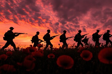 Fototapeta premium Silhouettes of soldiers walking through a poppy field at sunset 