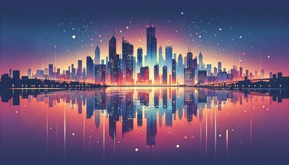 Fototapeta premium Urban skyline reflecting on a tranquil river at night with vibrant city lights and cinematic color grading