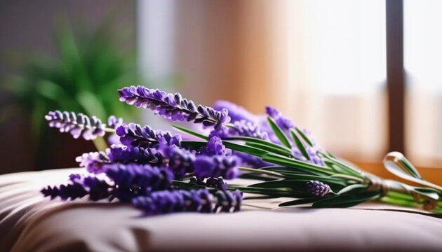 Lavender on the pillow. Close up. Concept of good sleep. 